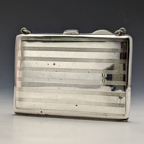 1913 British Antique Pure Silver Card Case with Chain 73g William Henry Sparrow